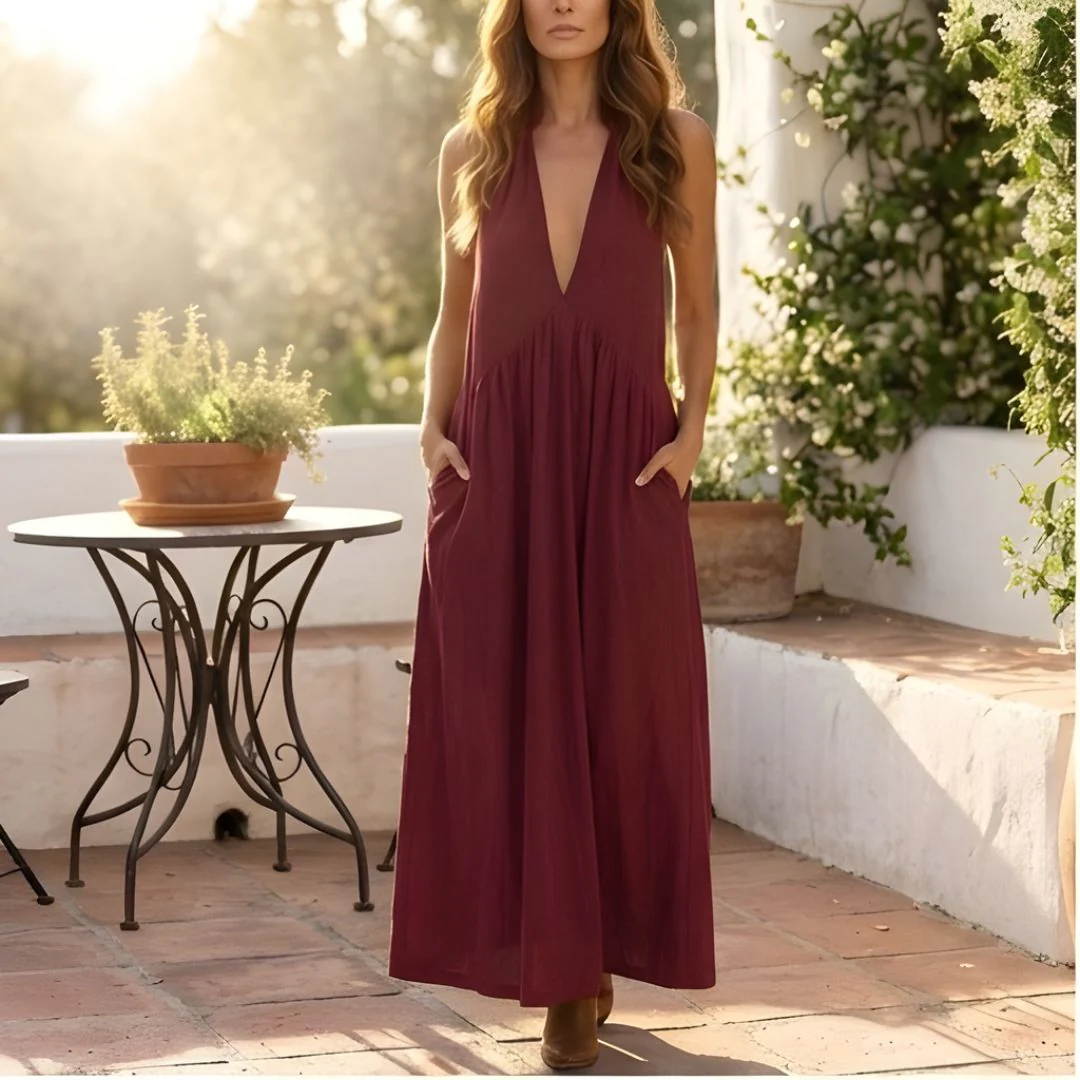 Velune⢠ā Ruffle Halter Deep V Maxi Dress with Pockets + 50% OFF