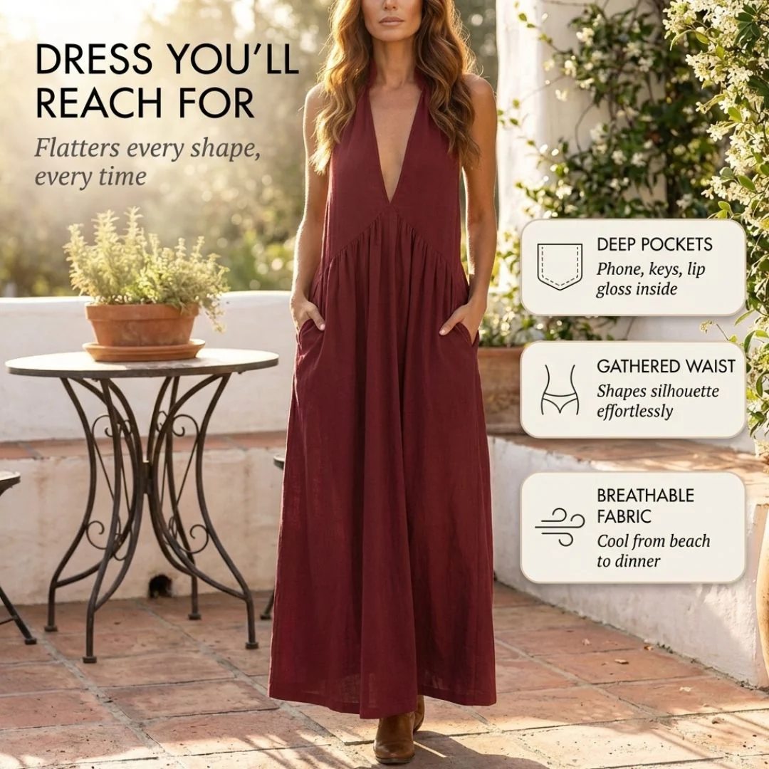 Velune⢠ā Ruffle Halter Deep V Maxi Dress with Pockets + 50% OFF - Image 4