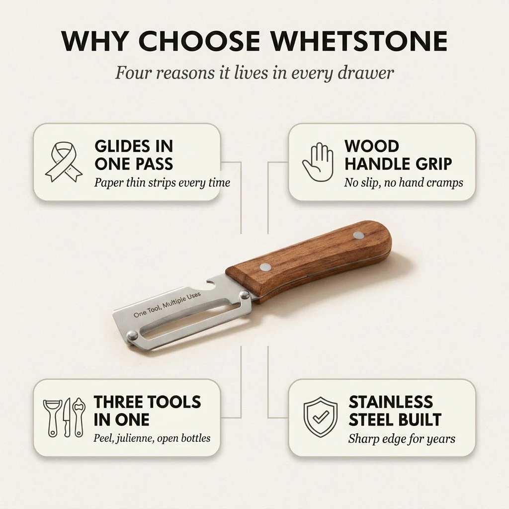 Whetstone™ – Stainless Steel Multi-Use Peeler with Wooden Handle & Built-In Bottle Opener + 50% OFF - Image 4